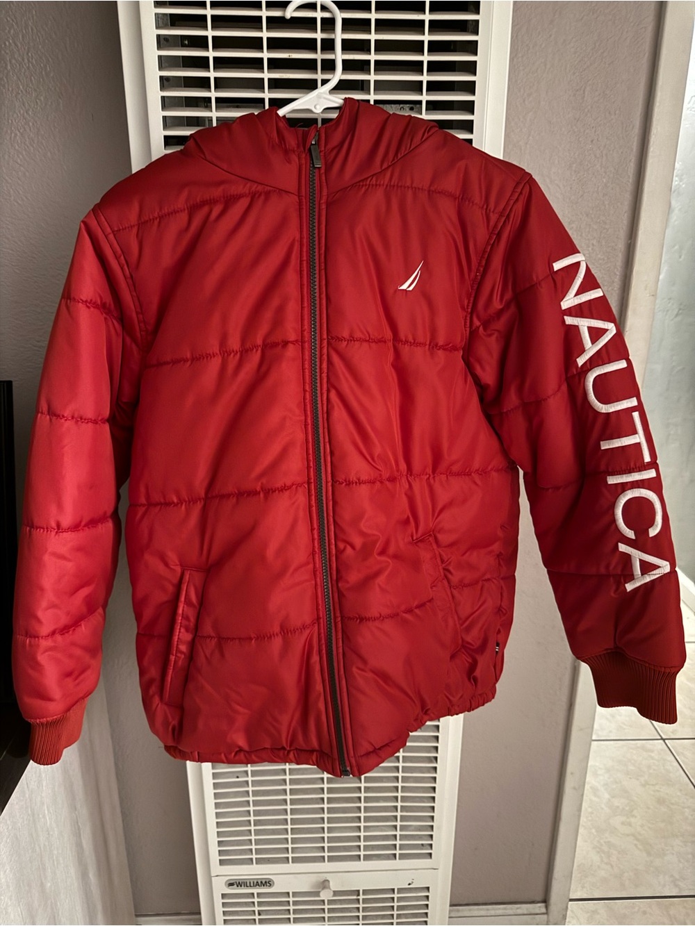 Nautica Red Quilted Hooded Puffer Jacket with Sleeve Logo